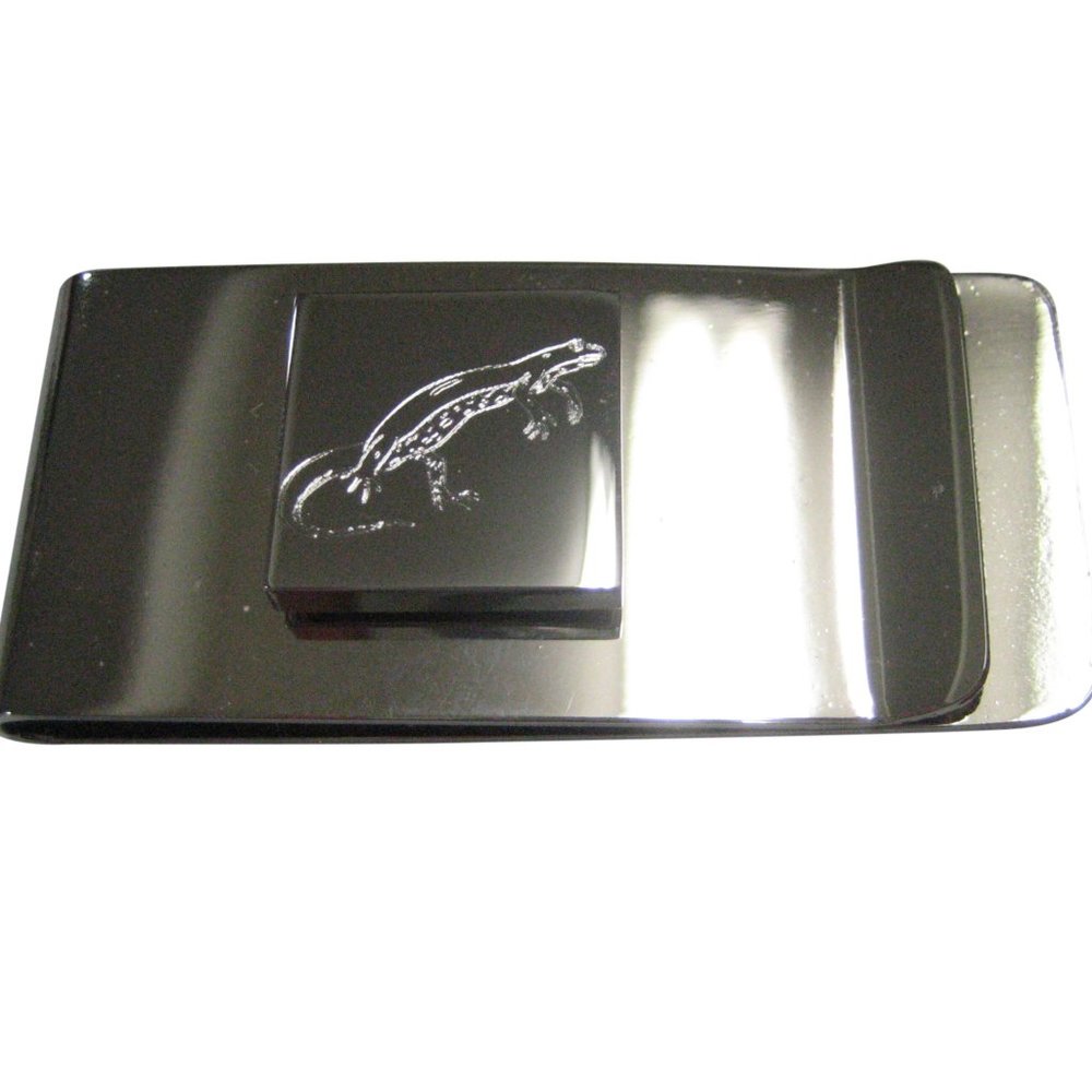 Silver Toned Square Etched Newt Gecko Lizard Money Clip